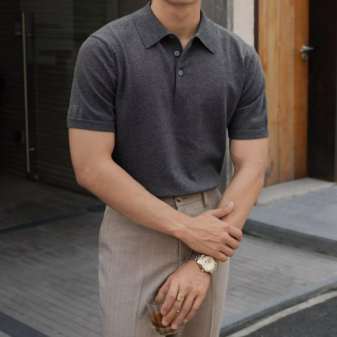

Men s Ice Silk Black Knitted Polo Shirt - Short Sleeve Business Casual T-Shirt L сірий колір