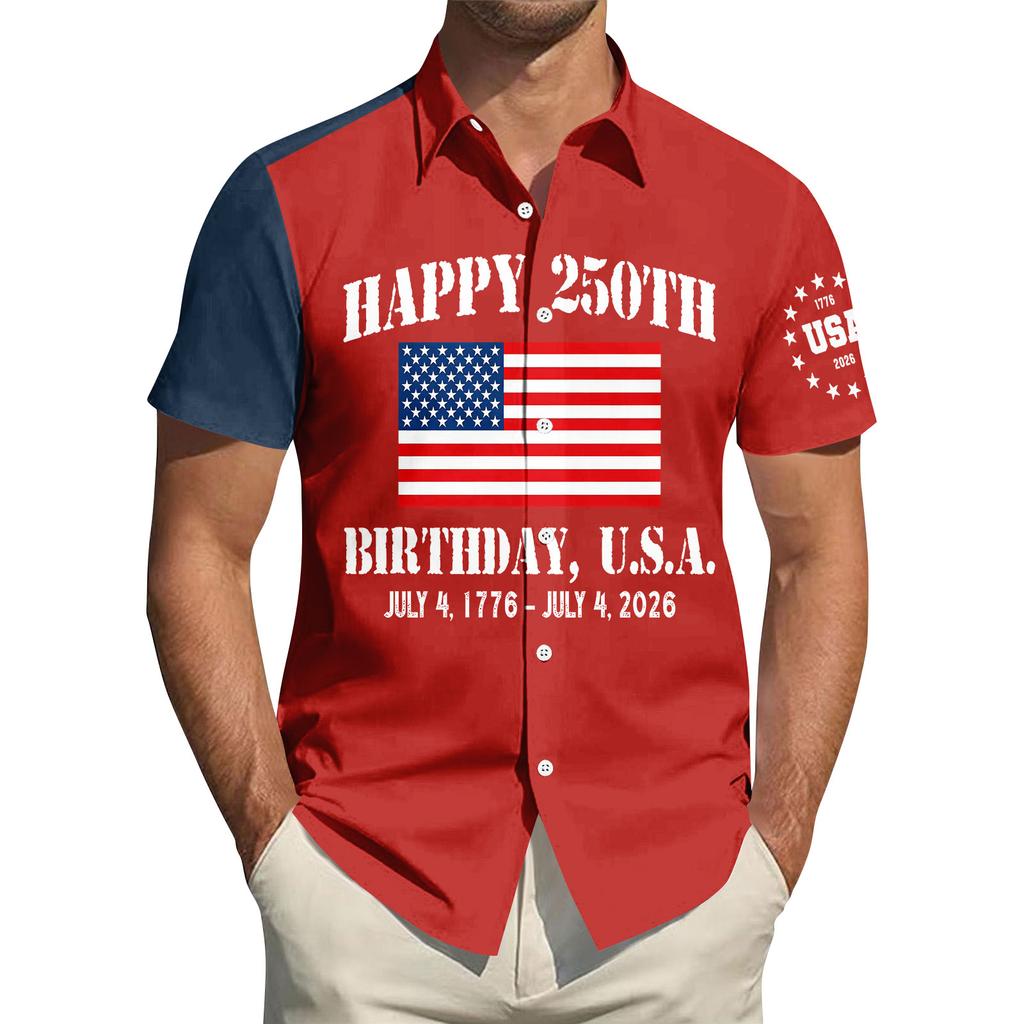 Top da Uomo Stampato per il Giorno dell'Indipendenza con Colletto Camicia Casual Sportiva a Maniche Corte da Uomo