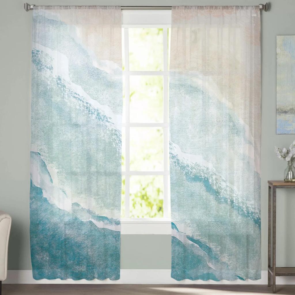 Sea Beach Gradual Blue Khaki Bedroom Transparent Sheer Curtains Holiday Decoration Window Voile Tulle Curtain