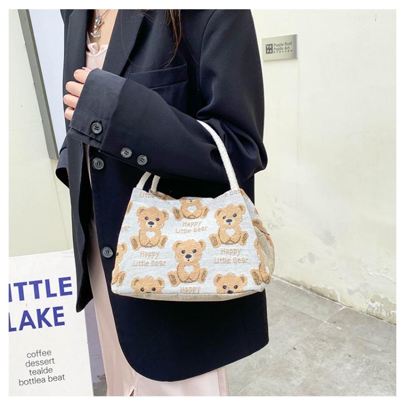 Linen Handbag Women New Cute Cartoon Bear Lunch Box Fresh Artistic Student Tutoring Bag