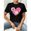 Women Valentine's Day Heart Floral Print T-Shirt Short Sleeve Spring Summer Autumn Casual Trendy Street Style Top