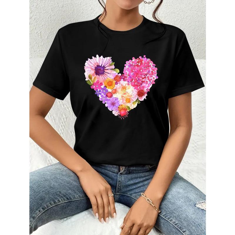 

Women Valentine s Day Heart Floral Print T-Shirt Short Sleeve Spring Summer Autumn Casual Trendy Street Style Top 4XL