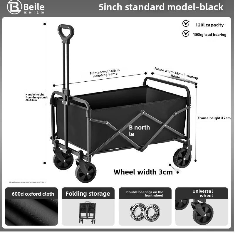 Foldable Camping Picnic Cart for Family - Lightweight 100L Capacity Utility Wagon with Adjustable Handle Standard