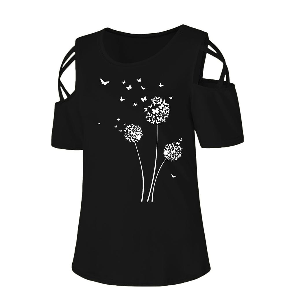 Women Tie-dye  Fashion Printed Colorful  Short Sleeve Strappy Cold Shoulder Top