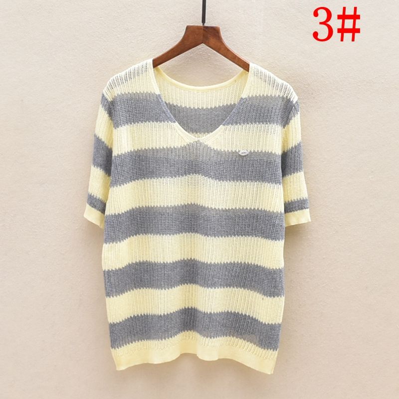 

Summer Thin Stripes Plus Size Women s Clothing Pullover V-neck Short Sleeve Tops All-Matching Sweater 3 pieces Bust size 98cm