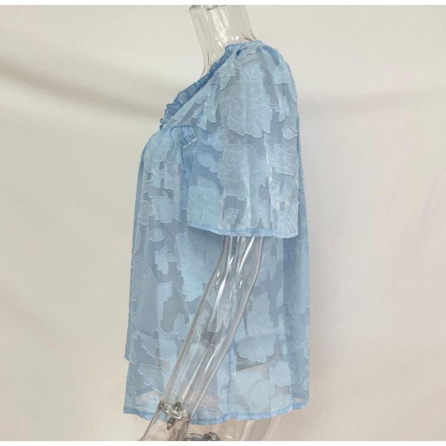 Odzież damska Dekolt w serek Letnia bluzka szyfonowa Jednolita Rękaw trąbkowy Koronkowa wycinanka Top