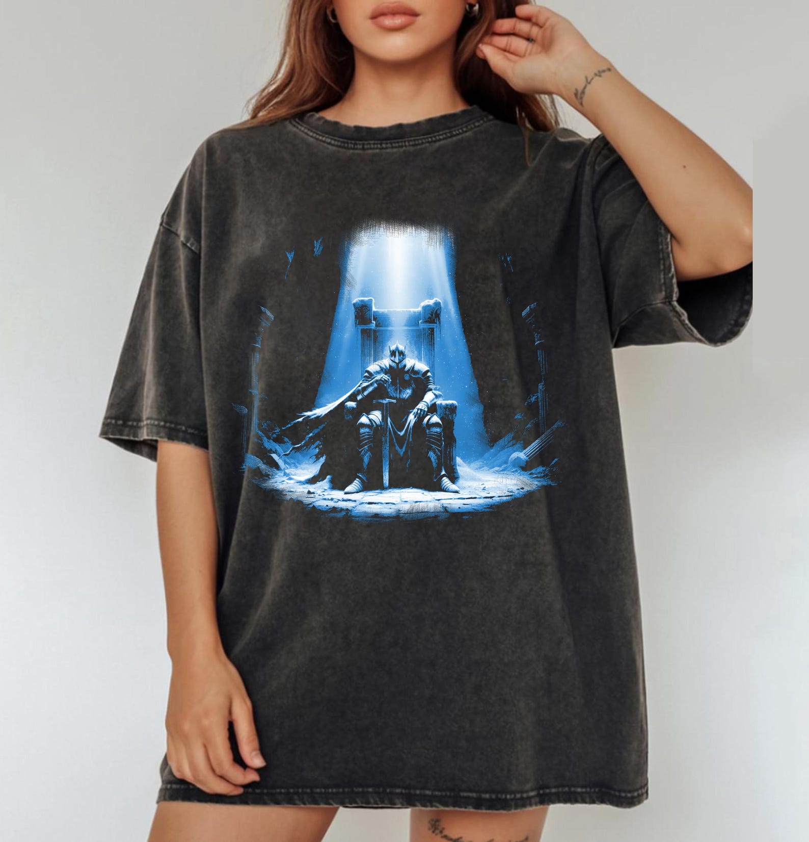 Dark Fantasy Knight Graphic T-Shirt, Medieval Y2K Streetwear 4XL