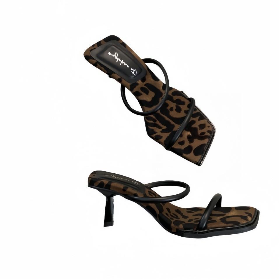 Niche leopard print high-heeled sandals for women's 2025 new French temperament elegant with skirt thin heel sandals