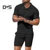2 sztuki/zestaw męski strój klapy krótki rękaw swetry bluzki elastyczny ściągacz w pasie kieszenie spodenki zestaw jednolity kolor odzież sportowa