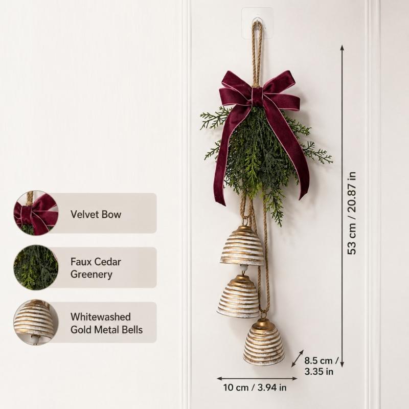 Christmas Bell Door Decoration with 3 Iron Bells, Faux Evergreen Sprigs, Wine-Red Polyester Ribbon Bowknot, and Integrated Top Loop for Hearth Shelves