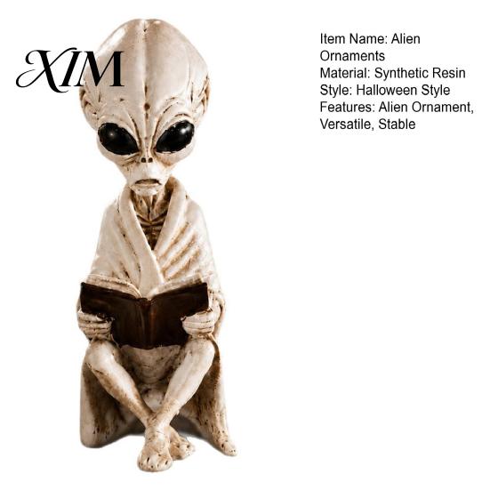 Creative Birthday Gifts for Sci-fi Fans Alien Sitting Resin Skeleton Statue, Retro Book Sci-Fi Dark Halloween Ornament, Gaming Room Shelf Ornaments