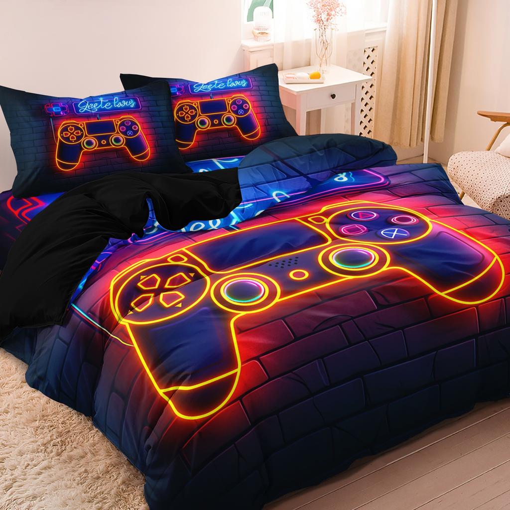 3pcs Video Game Controller Mouse Keyboard Headphone Pattern Duvet Cover Set - Modern Fashionable Cool Gamepad Print