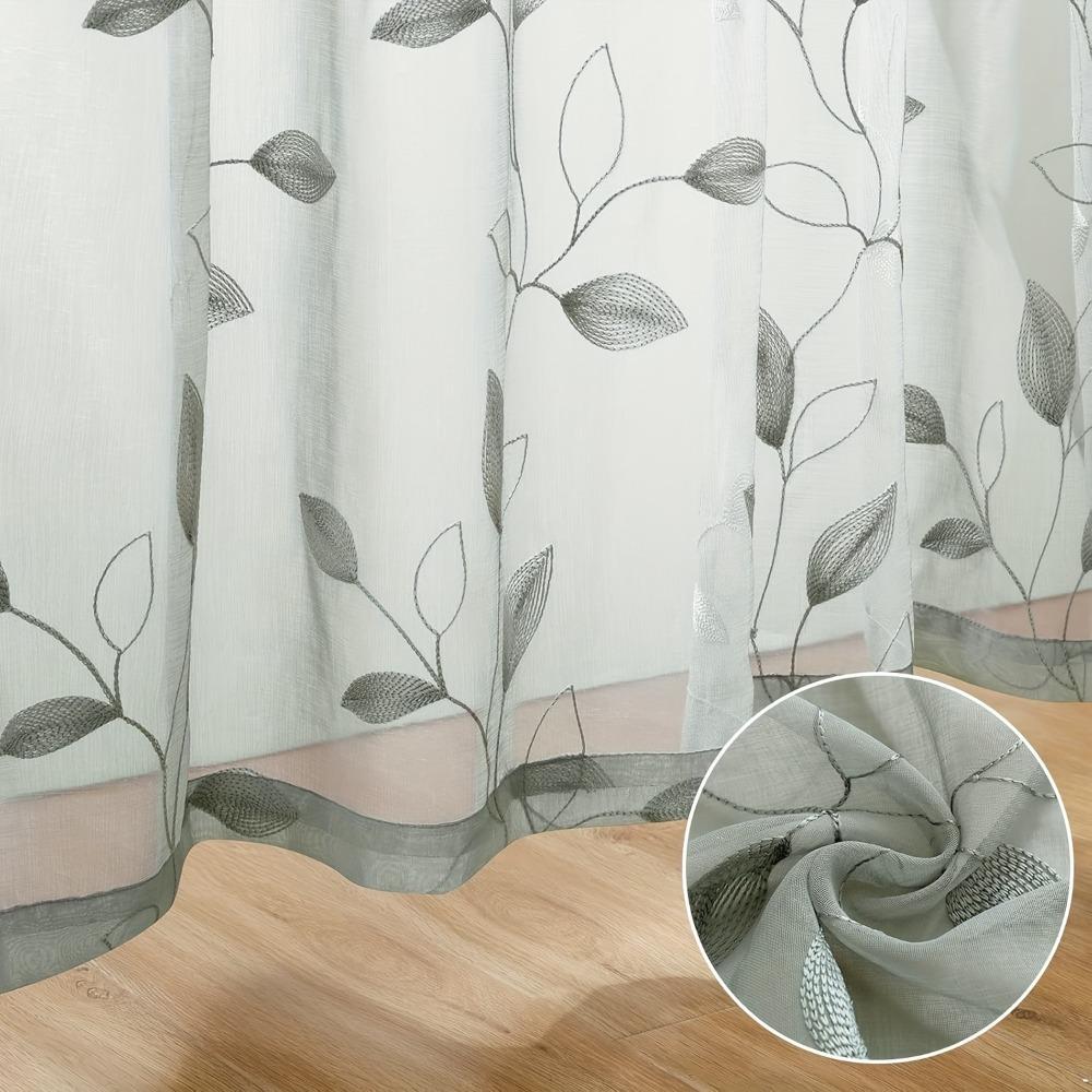 2PCS Semi-Transparent Embroidered Leaf Window Thin Curtain Through-shaft Type Soft Window Sheer Washable Modern Style