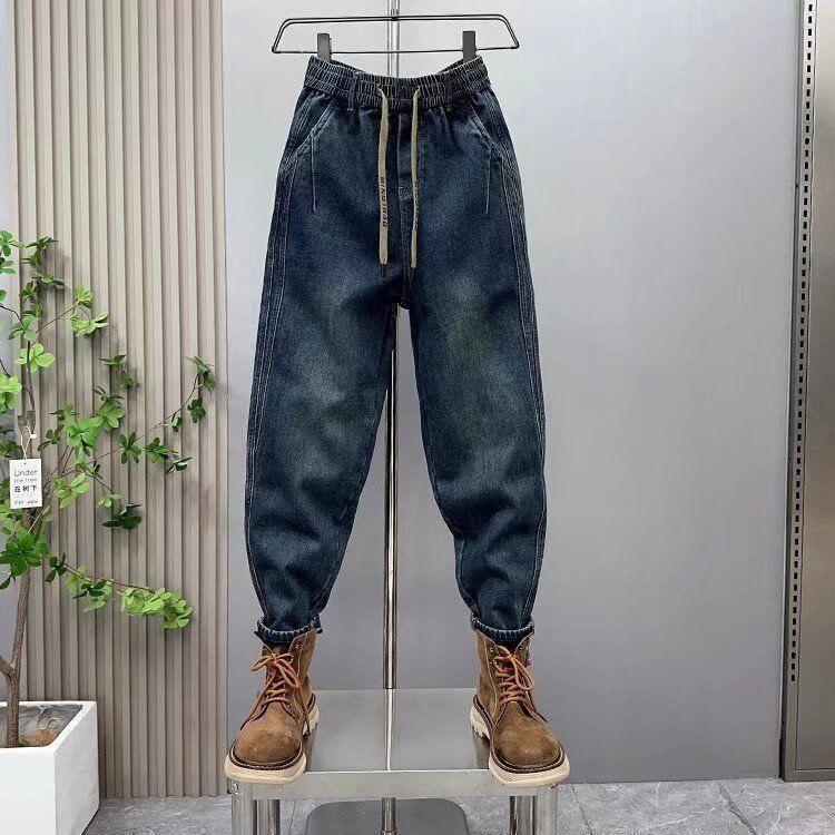 JYL Mens Jeans American High Street Trendy Casual Straight Elastic Cropped Wide Leg Denim