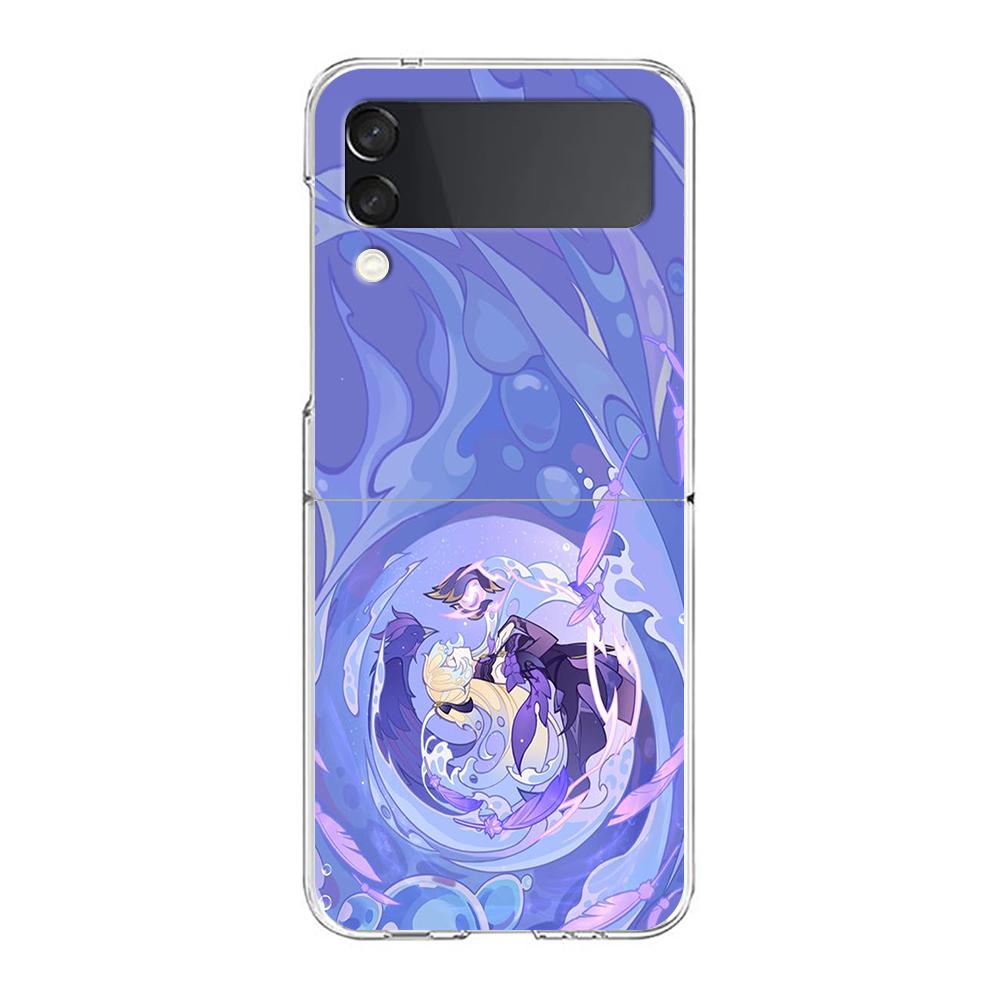 Genshin Impact Cartoon Logo For Samsung Galaxy Z Flip 3 4 5 Hard Folding Clear PC Phone Case For Samsung Z Flip3 Cover Bumper