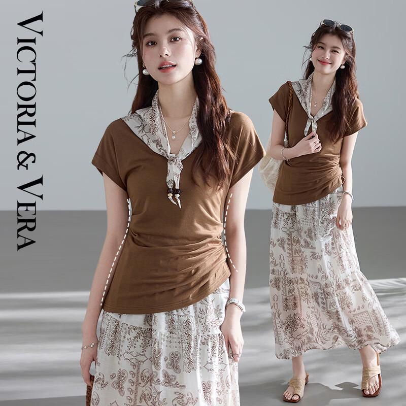 VICTORIA&VERA Retro V-Neck T-Shirt & Skirt Set with Shawl L