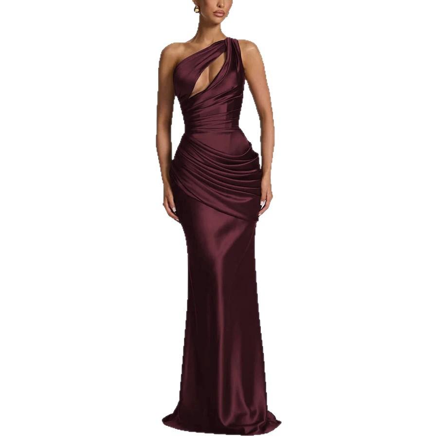 Women One Shoulder Satin Maxi Dress Elegant Draped Evening Party Gown with Cut Out Detail S
