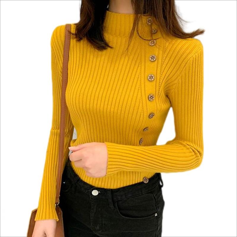 New interior style slim fit and fashionable half high collar long sleeved sweater knitted base pullover women's chic top