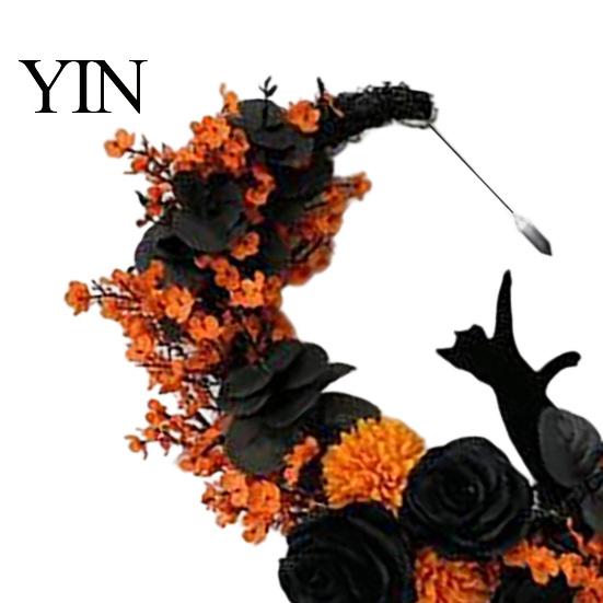 Handmade Artificial Rose Garland Halloween Black Cat Moon Wreath, Gothic Crescent Grapevine Wreath with Party Wall Ornaments Flowers, Spooky