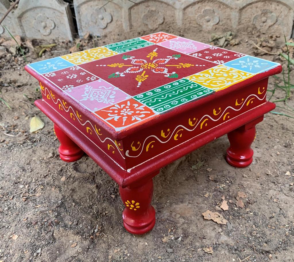 Hand Painted Wooden Chowki | Traditional Indian Pooja Bajot | Colorful Folk Art Decor