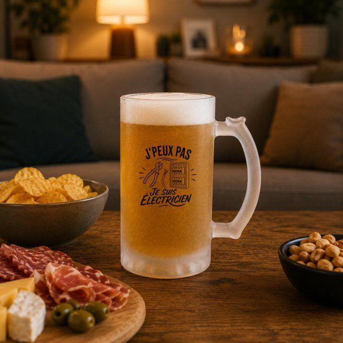 Chope à bière - PLANETEE - J'peux pas je suis Électricien (minimaliste) - Givré - Verre trempé 470 ml - Impression sublimation