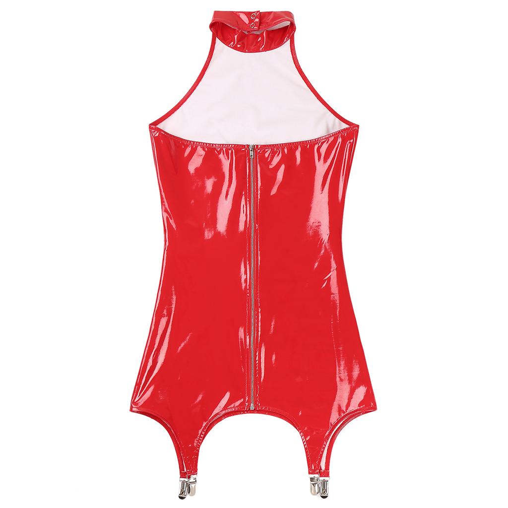S-5XL Women’s Glossy Patent Leather Mini Dress Halter Sleeveless Back Zipper with Garter Clips Lingerie Style Clubwear