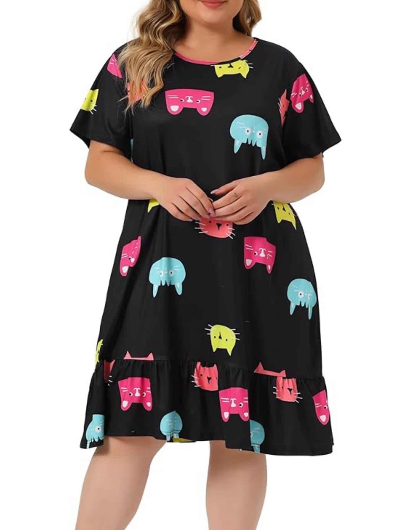 

2024 Нові великі розміри з котячими принтами для сну Домашній одяг Жіноча літня оверсайз-сукня-футболка Повсякденна вільна мила сукня Para Mujer 5XL чорний