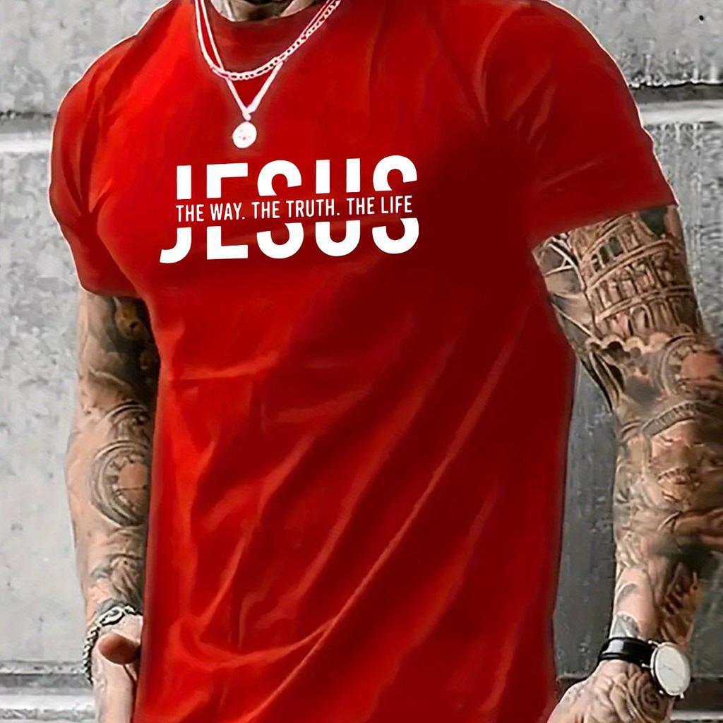 Men's summer 100% pure cotton casual Jesus Road Truth Life letter print outdoor sports round-neck short-sleeved top