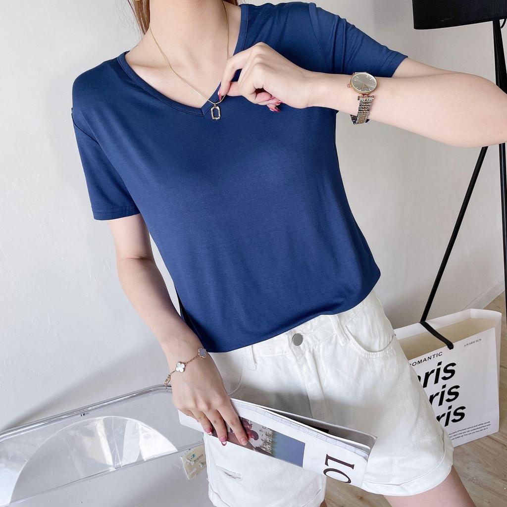Women's Short-Sleeve Modal V-Neck White Ice Silk Loose T-Shirt