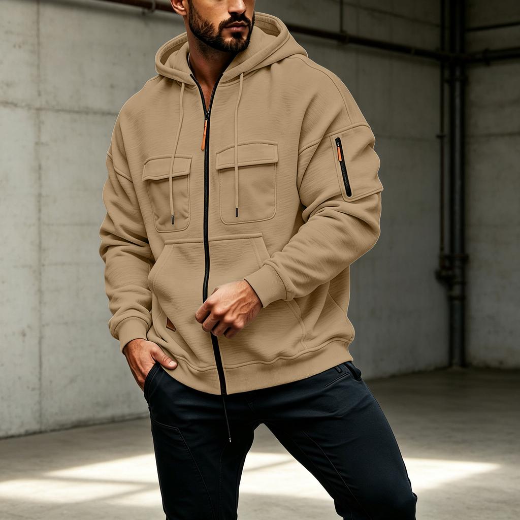 Herren Kapuzen-Reißverschluss-Sweatshirt Lockerer Schnitt Mehrere Taschen Strickjacke Jacke Freizeit-Oberbekleidung