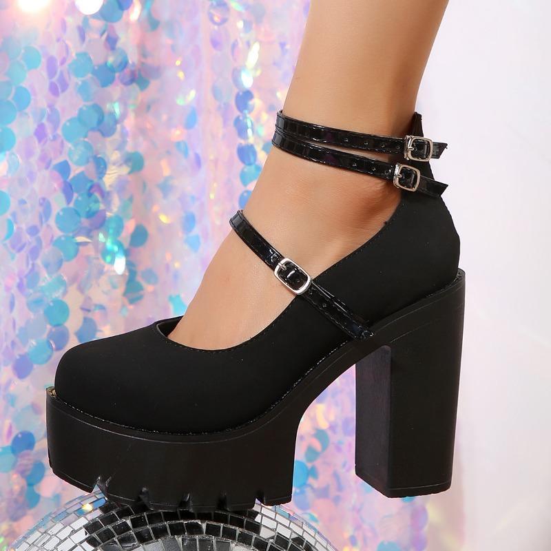 Spring and summer new fashion thick heel high heels women's water table round head buckle shallow mouth single shoes fashion women's shoes