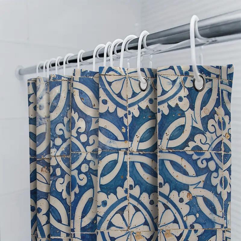 Blue Mediterranean Shower Curtain Coastal Ocean Wave Pattern Bathroom Decor Waterproof Fabric Liner