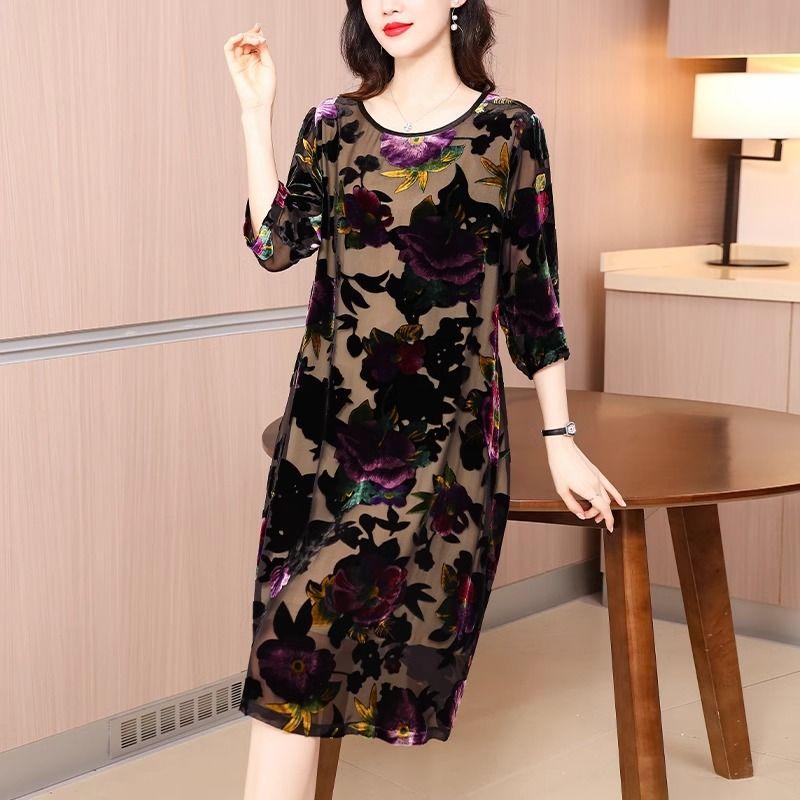 Spring and Summer Women's Plus Size Dress Loose Retro Round Neck Velvet Dress A-Line Long Floral Dress
