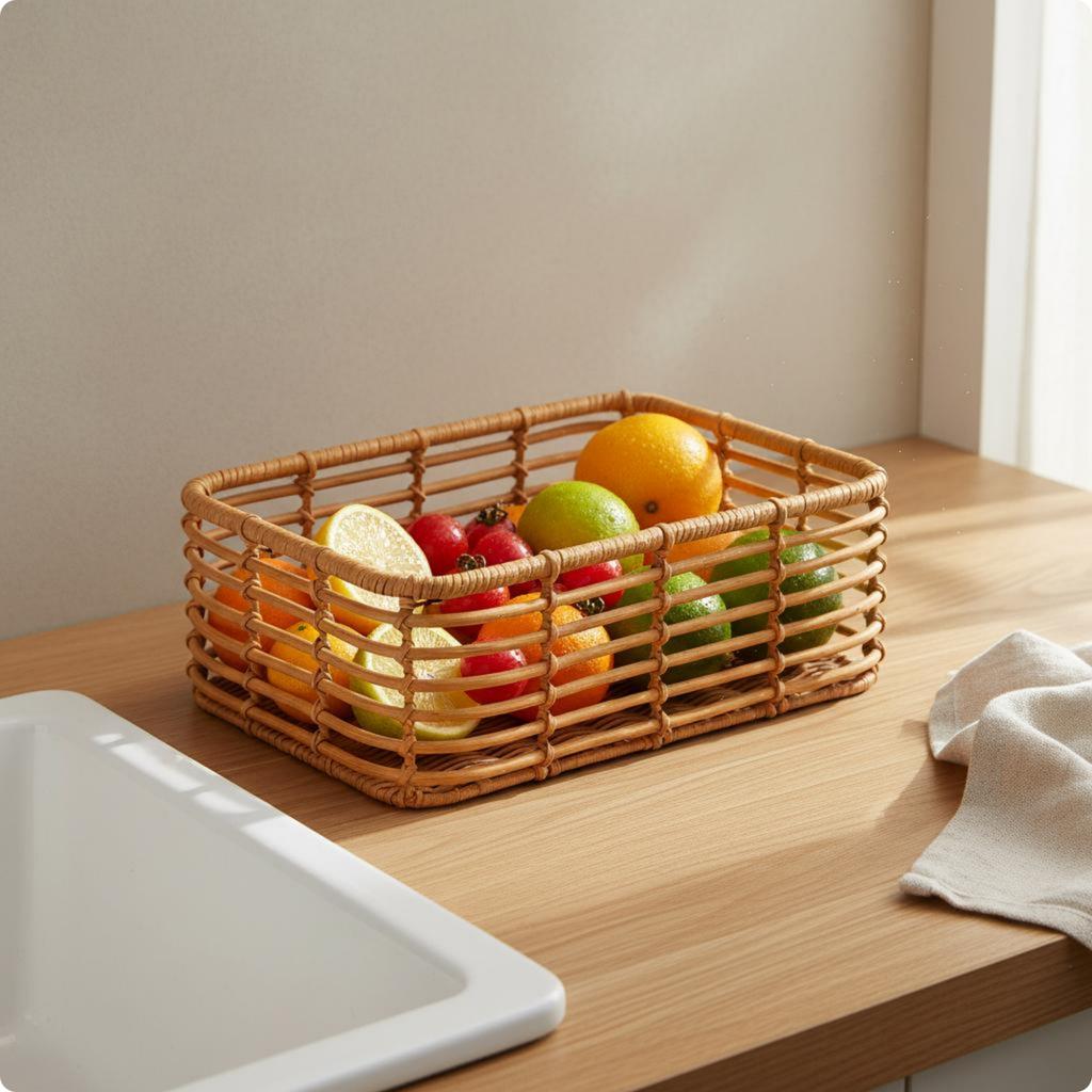 Desktop Fruit Basket Waterproof Woven Storage Basket Organizer Natural Look for Kitchen
