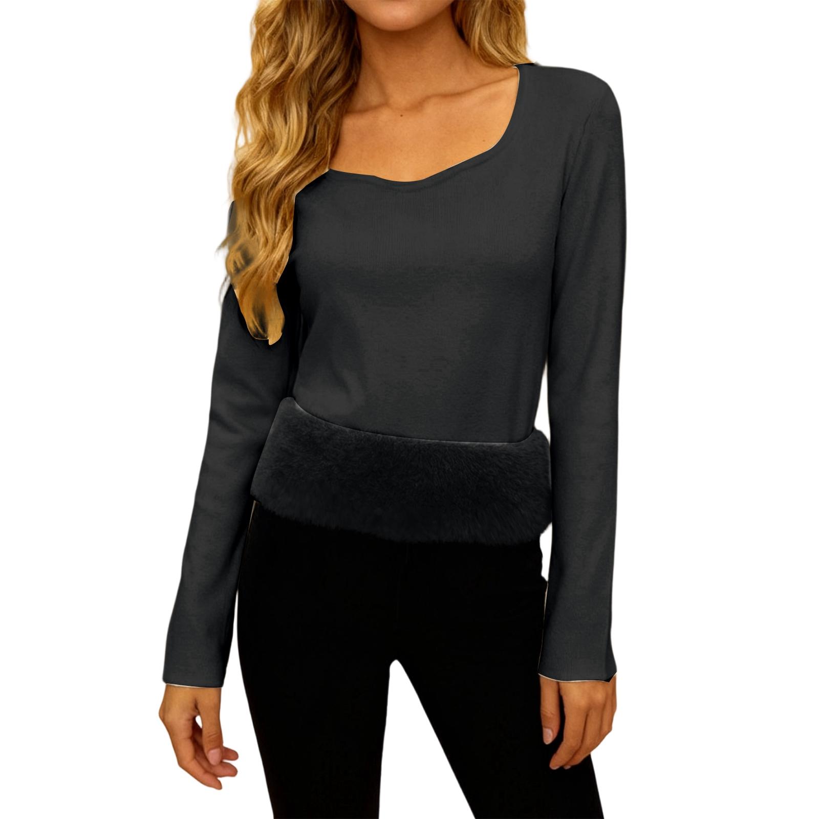 

Женский модный и повседневный однотонный базовый топ с длинным рукавом и флисовой подкладкой One Size чёрный