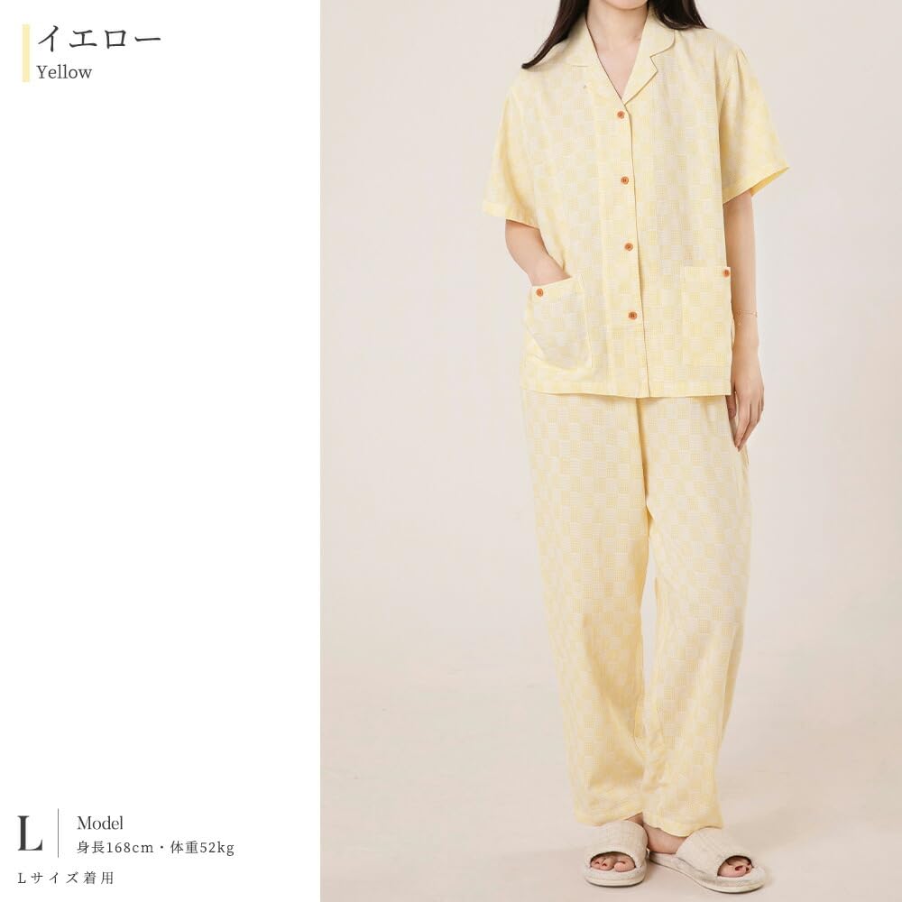 Yes Family Double Gauze Pajama Short Check Size Yellow Women's Set, 100% Cotton, Sleeves, Pattern, L,