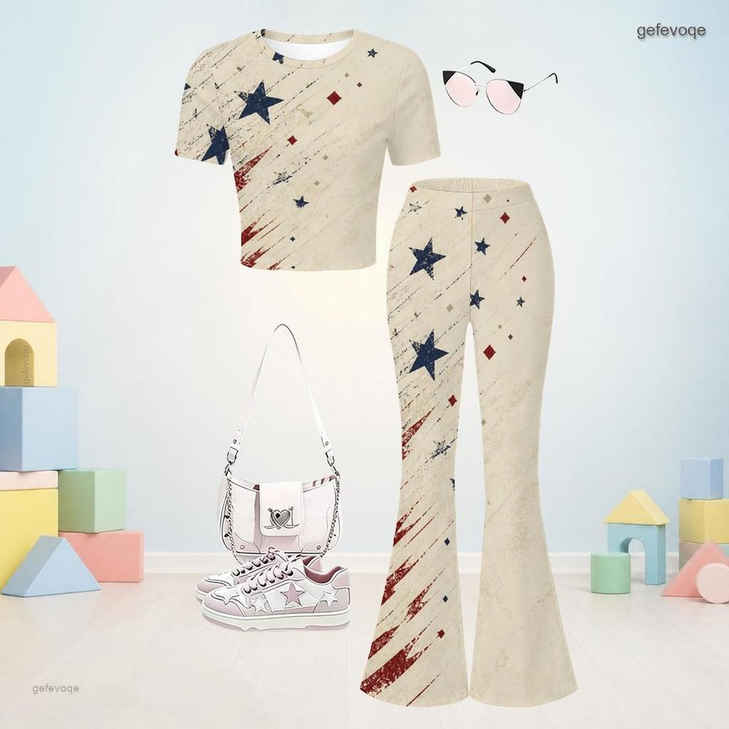 Girls Beige Printed Round Neck Short Sleeve Top And Flared Pants Two Piece Set