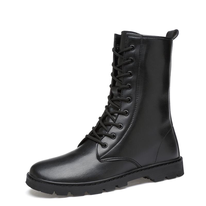 Men's Autumn Military High-Top Boots with Hidden Height Increase, Warm Cotton Lining, Large Sizes, and Non-Slip Rubber Sole