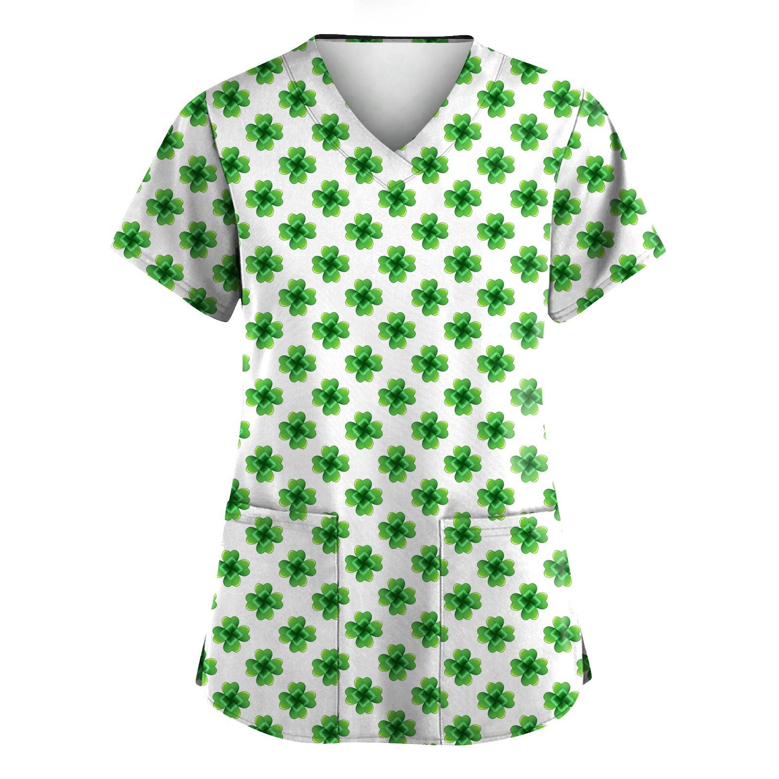 

Женская мода с v-образным вырезом, короткими рукавами и карманами, топы с принтом M