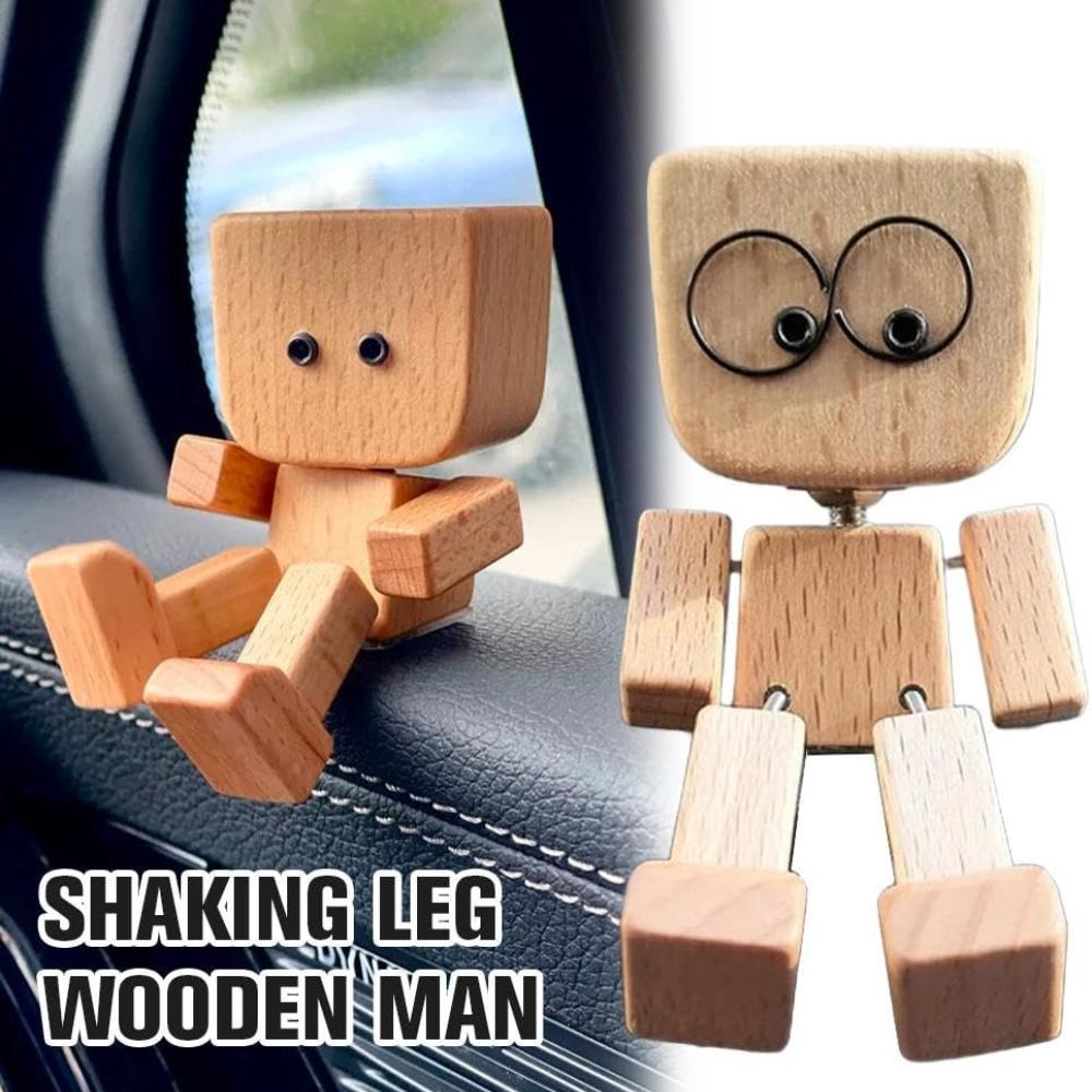 Shaking Wooden Man Figure,Charming Small Wooden Figure Swinging With 12 Magnetic Expressions,Handmade Action Figure As Car Ornament,Funny Shaking