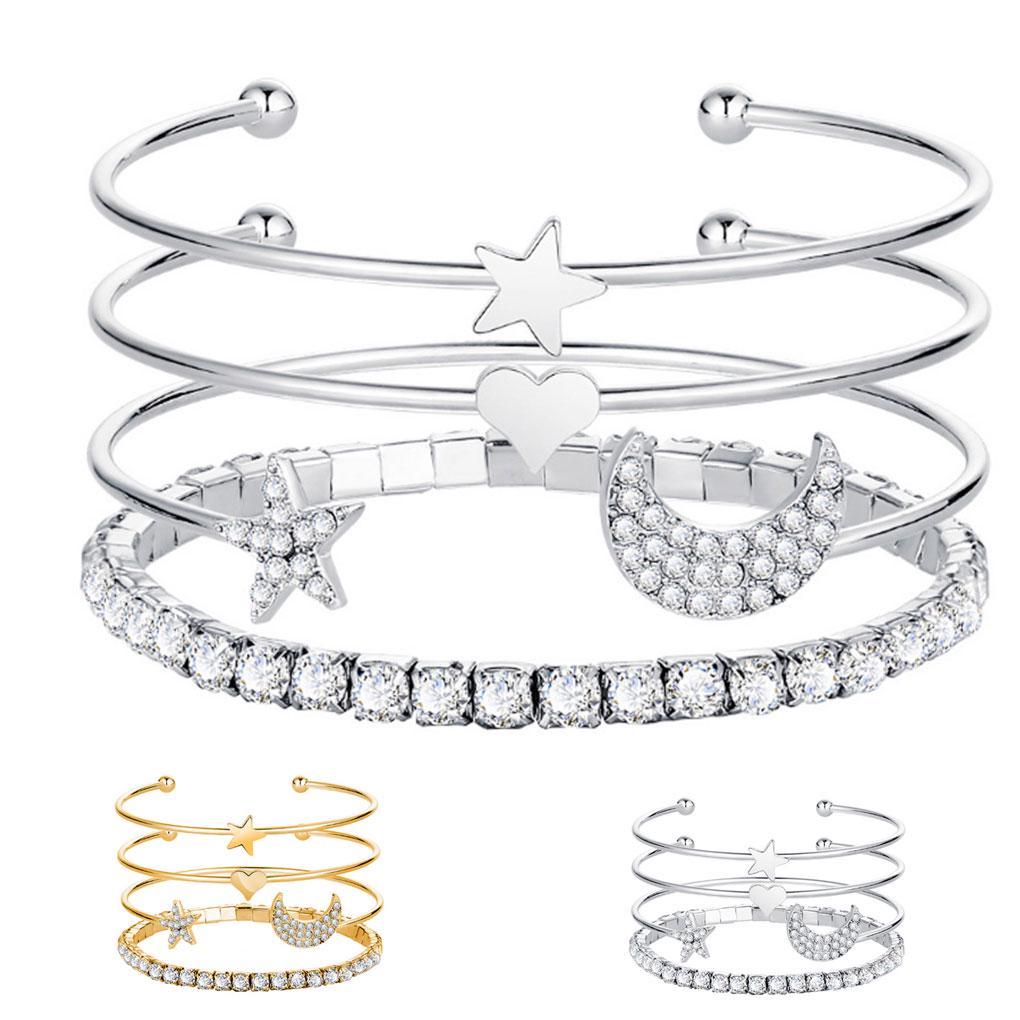 4Pcs/set Adjustable Cuff Bracelet Layered Moon Stars Bangle Bracelet Women Crystal Wristband