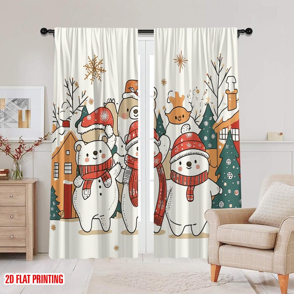 2pcs,2D plane printing Window Curtain Christmas bears snowmen cute (2) Durable 100% Polyester Fabric (without rod) Outdoor