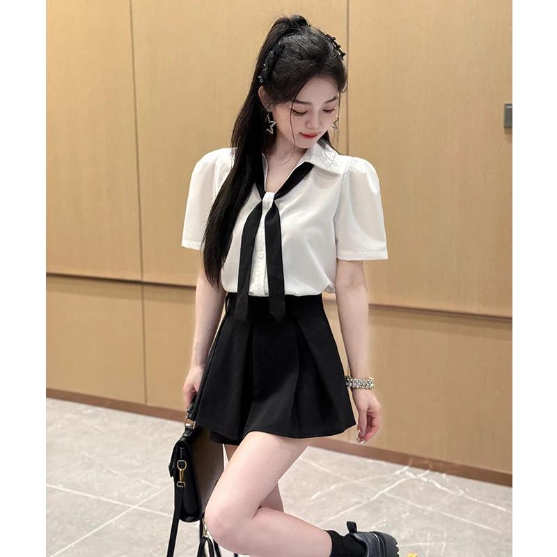 Korean-Style V-Neck Puff Sleeve White Tie Shirt & Skirt Set for Women – Loose, Stylish, Versatile Short Sleeve Two-Piece.