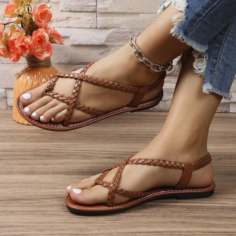 

Women s Solid Color Casual Sandals, Lightweight Flat Braided Elastic Shoes Summer Holiday Beach Shoes 36 темные хаки
