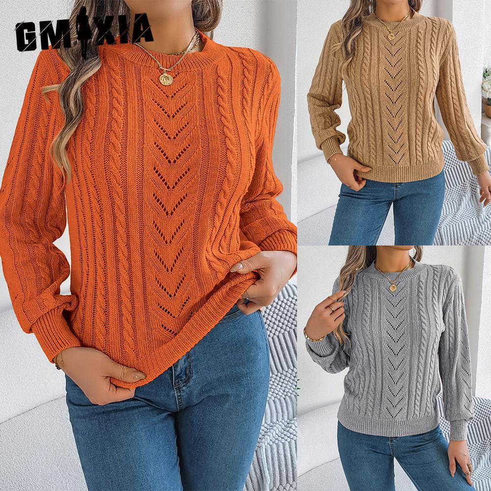 GMXIA Autumn and Winter Casual Solid Color Hollowed-out Lantern Sleeve Pullover Sweater Women's Wear
