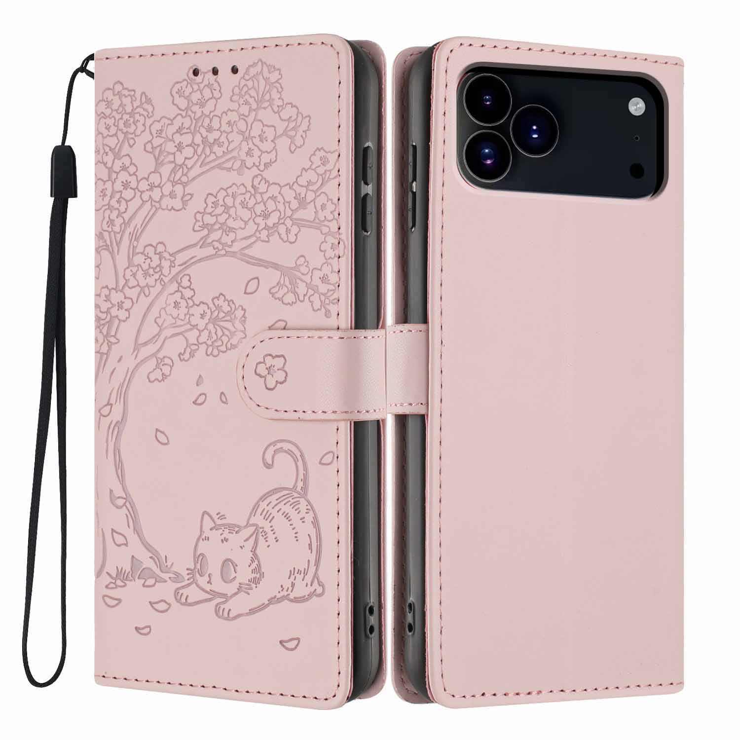 

For iPhone 17 Pro Max Stand Case Tree-and-Cat Pattern PU Leather Wallet Protective Phone Cover with Wrist Strap