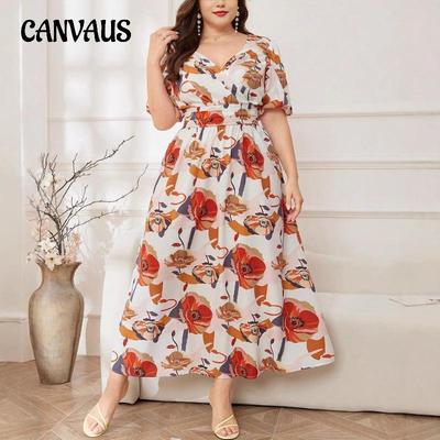 Plus Size Women's Summer New Red Rose Print Retro Romantic V Neck Waist Slimming Temperament Dress