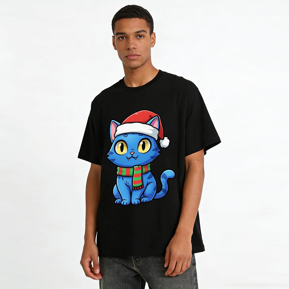 Christmas Themed Blue Cat Print Top Casual Crewneck Tee For Adults And Kids Festive Cute Shirt Pure cotton T-shirt