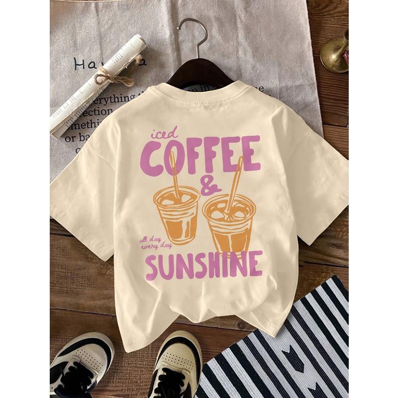 T-shirt casual da donna a maniche corte - Stampa con lettere 'Caffè Ghiacciato e Sole', Un regalo perfetto per gli amanti del caffè. Top Girocollo Regular Fit,