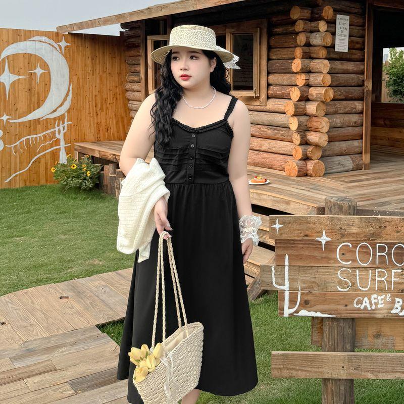 

Plus size women clothing [First Love Lace Suspender Skirt] Black V-neck High Waist Dress Slimming Pleat Exquisite Long dress Black 3XL